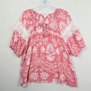 Palm Rio Floral Print Lace Trim Tie Front Scoop Neck 3/4 Puff Sleeve Top M Pink